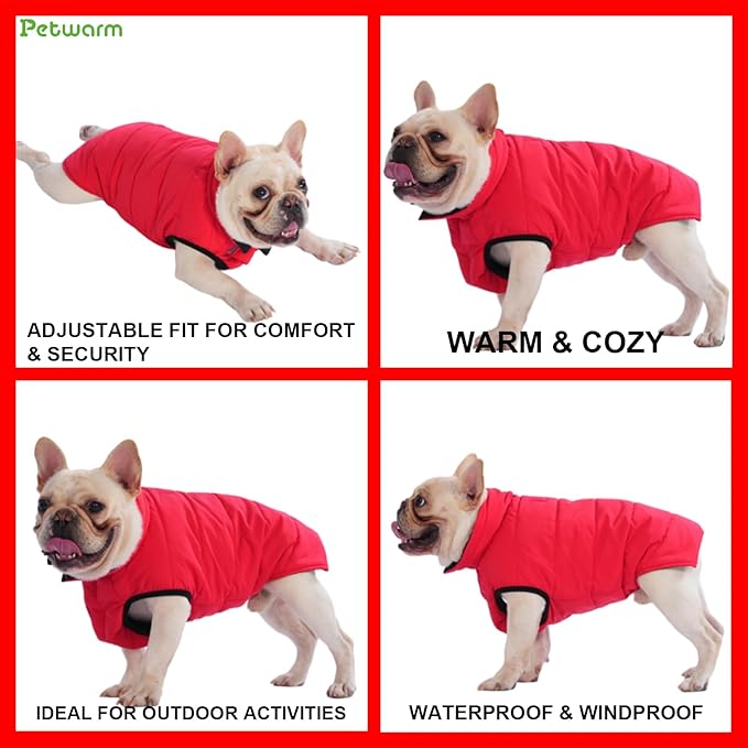 PetWarm Reversible Dog Winter Coat, Windproof Dog Puffer Vest, Soft Vest for Dogs with Hook-and-Loop Strap for Easy Dressing, Waterproof Coat for Dogs with Adjustable Fit, Red, L