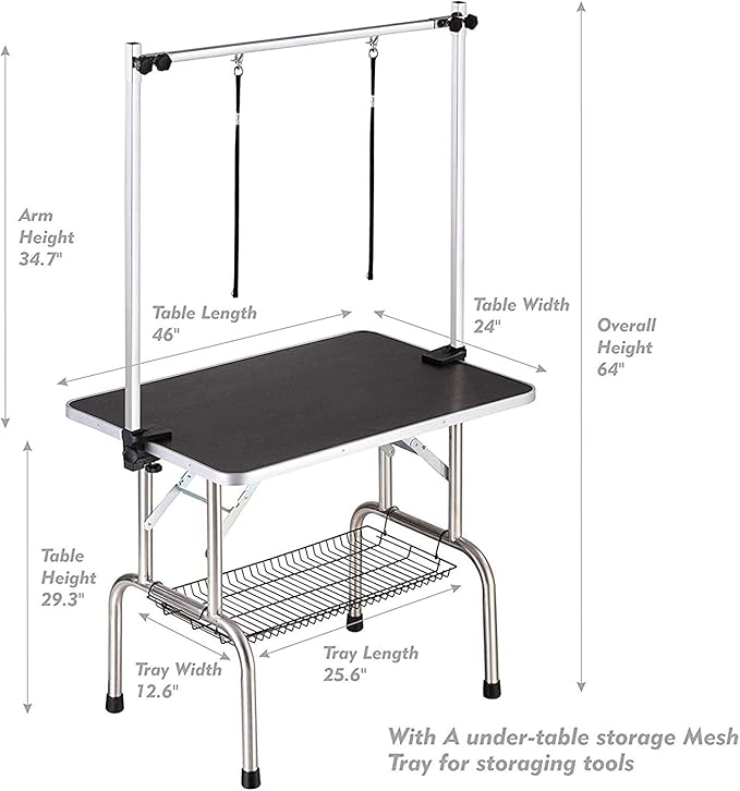 46" Dog Grooming Table Foldable Pet Grooming Tables with Adjustable Arm Noose Storage Mesh Tray Maximum Capacity Up to 330lbs Black