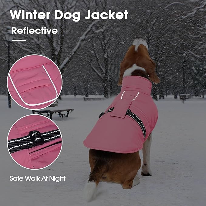 IECOii Dog Jackets for Large Dogs - Reflective & Adjustable & Windproof Vest with Warm Fleece Lining for German & Shepherd & Labrador, Waterproof Snow Coats for Walking & Hiking, Pink, Size 2XL