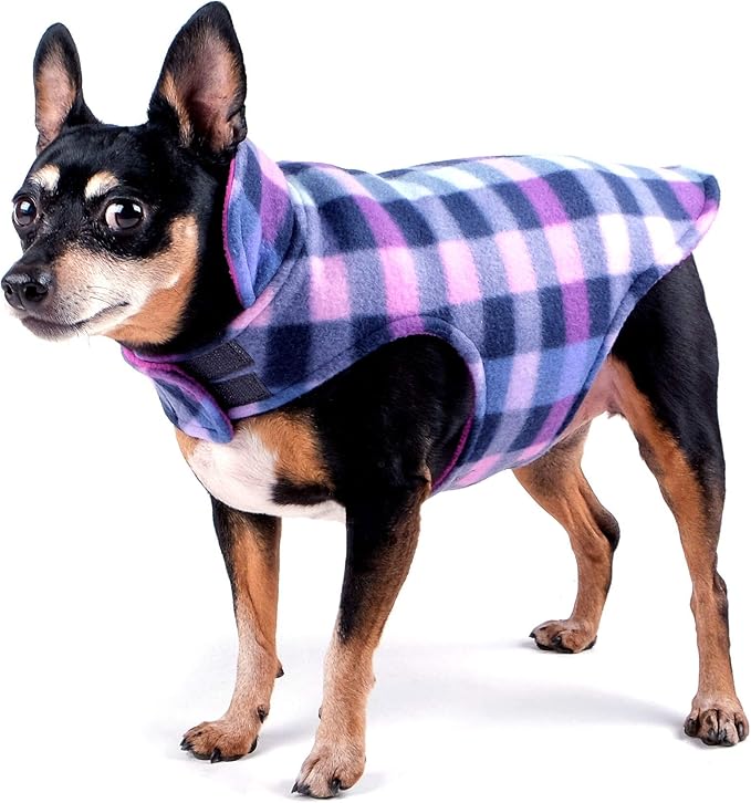 The Worthy Dog Fargo Fleece Check Dog Jacket, Adjustable Reversible with Harness Hole, Wind-Resistant, Winter Outdoor Clothes for Pets, Purple - 14''