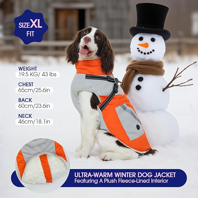 FUAMEY Dog Winter Jackets for Large Dogs,Dog Coat with Harness Built in,Waterproof Dogs Snowsuits Warm Pet Jacket Zip Up Fleece Cold Weather Coats Reflective Puppy Vest with Pocket Orange 2XL