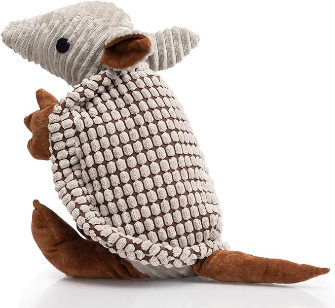 Hollypet Plush Dog Squeaky Toy Stuffed Armadillo Animal Pet Puppy Chew Toys with Clean Teeth for Small Medium Large All Breed Sizes Dogs, Gray Large, 8 in