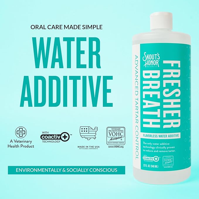 SKOUT'S HONOR Fresher Breath Water Additive, Fresh and Flavorless - VOHC Accepted for Tartar Control, Freshens Breath Fast, No Brushing Required, Great for Both Cats and Dogs, 32 oz, 2-Pack