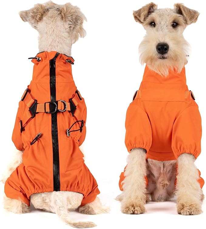 Mile High Life Waterproof Dog Raincoat, Full Coverage Small Dog Rain Coat with Harness, Adjustable 4 Legs Puppy Rain Jacket with Reflective Strip and Elastic Cuffs (Orange, XXS Back Length 9.8")