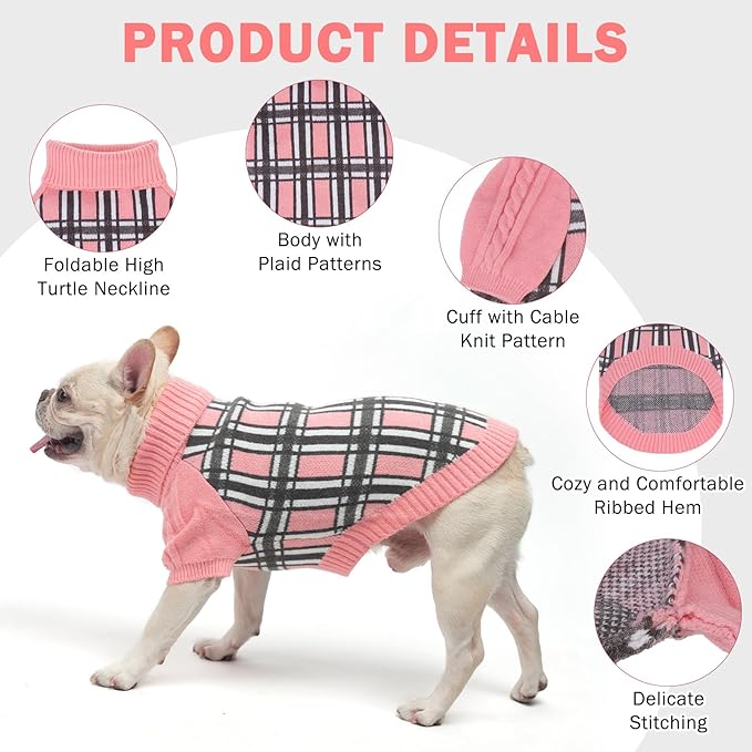 SCENEREAL Turtleneck Dog Sweater for Small Medium Large Dogs Girls Boys, Christmas Plaid Pullover Puppy Sweatershirt, Dogs Cold Weather Outfit Clothes, Ideal Gift for Pet in New Year, Pink Plaid SM