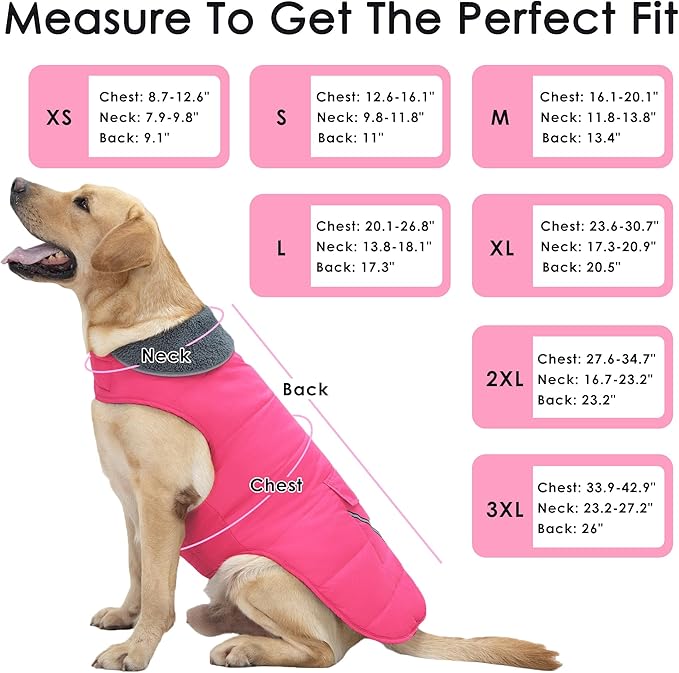 Dog Coat, Waterproof Dog Winter Jacket with Pocket, Reflective Adjustable Pet Snow Vest, Warm Cozy Fleece Sweater for Small Medium Extra Large Dogs - Pink, XL