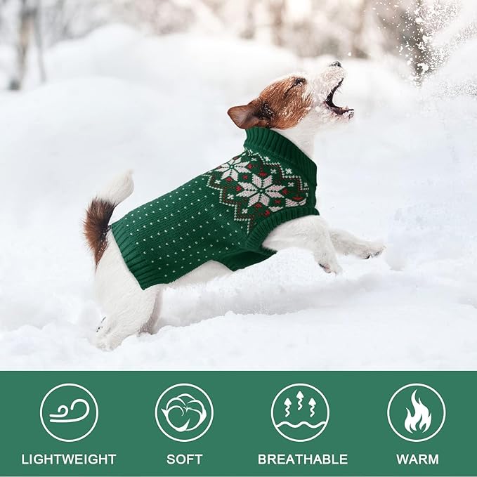 Kuoser Dog Sweater, Holiday Christmas Snowflake Pet Warm Knitwear Dog Sweaters Soft Puppy Clothing, Doggie Turtleneck Cold Weather Outfit Pullover for Small Medium Large Dogs Cats, Green XS
