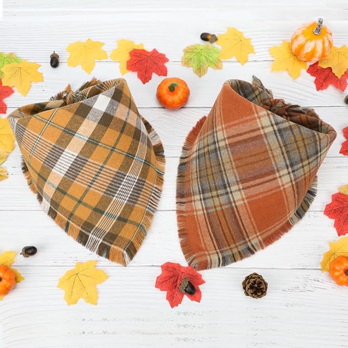 Vivifying Halloween Dog Bandanas, 2 Pack Thanksgiving Fall Classic Plaid Dog Scarf with Tassels Edges, Funny Pet Apparel & Accessories Costume for Photo Prop, and Party Decor (X-Large, Yellow&Orange)