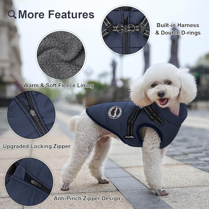 Warm Dog Jacket, Reflective Fleece Vest with Built-in Harness, Waterproof Windproof Snow Jacket for Small Medium Dogs, Navy Blue XS