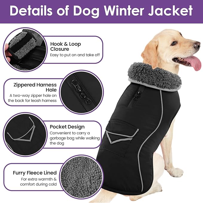 SUNFURA Dog Coat, XXXL Dog Winter Jacket, Reflective Fleece Snow Coat with Furry Collar, Waterproof Pet Puffer Jacket for Great Dane Extra Large Dogs, Black 3XL