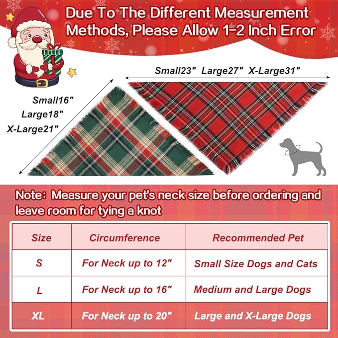 Vivifying Dog Christmas Bandana with Tassels Edges, 2 Pack Classic Plaid Triangle Pet Apparel & Accessories, Funny Holiday Dog Scarf Costume for Photo Prop, and Party Decor (X-Large, Red&Green)