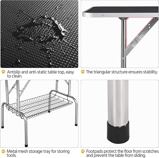36" Dog Grooming Table Foldable Pet Grooming Tables with Adjustable Arm Noose Storage Mesh Tray Maximum Capacity Up to 330lbs Black