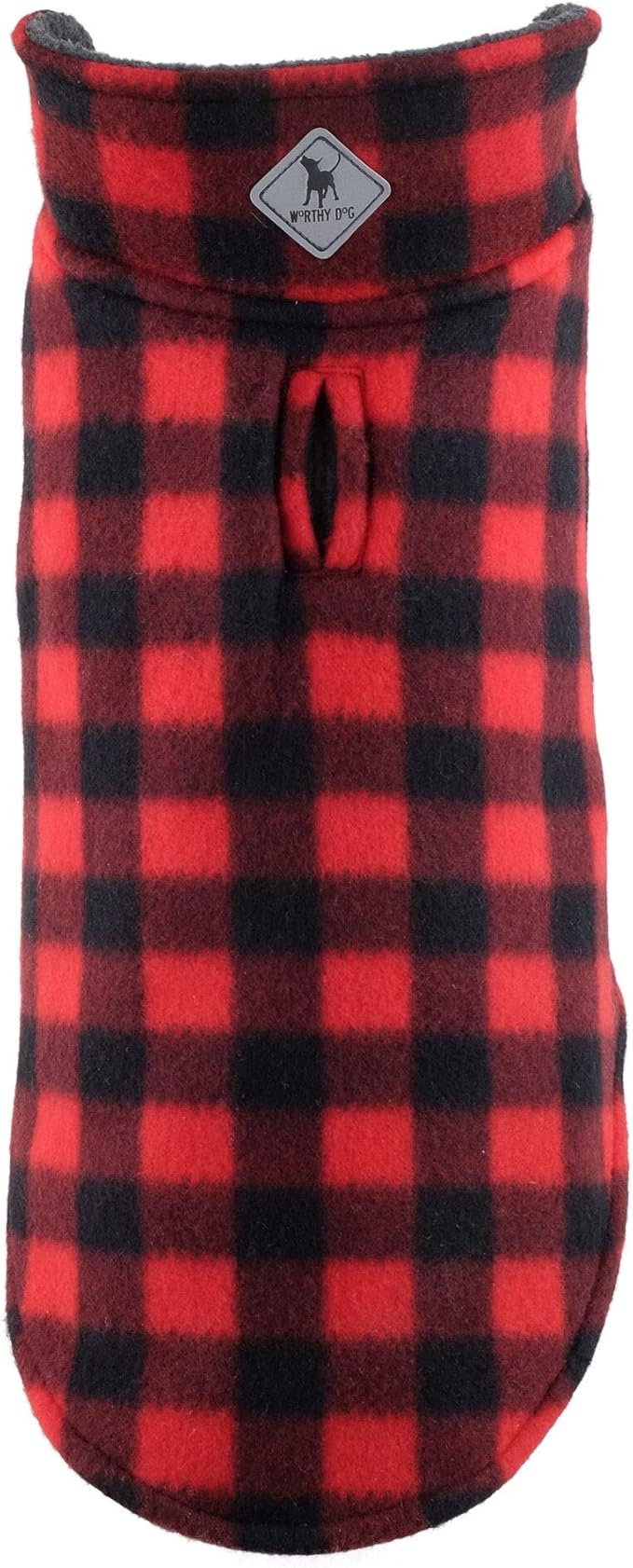 The Worthy Dog Fargo Fleece Check Dog Jacket, Adjustable Reversible with Harness Hole, Wind-Resistant, Winter Outdoor Clothes for Pets, Red - 10''