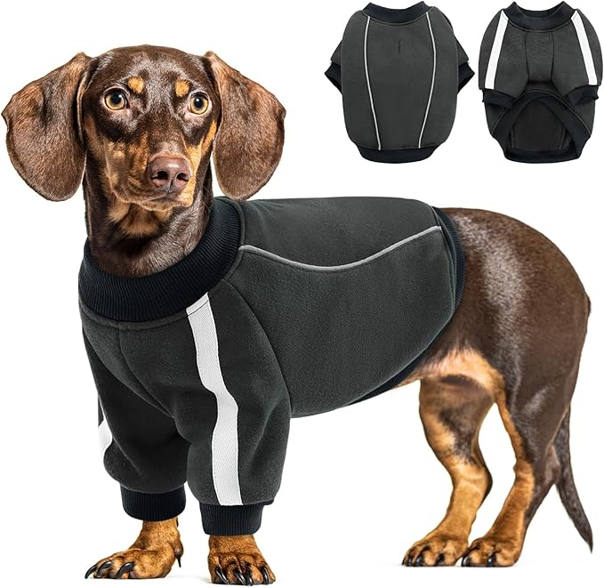 Queenmore Fleece Dog Sweater for Male Dogs, Soft Pullover Dog Sweatshirt with Leash Hole/Reflective Stripes – Cozy Winter Fleece Jacket for Small Medium Large Boy Puppy, Grey M