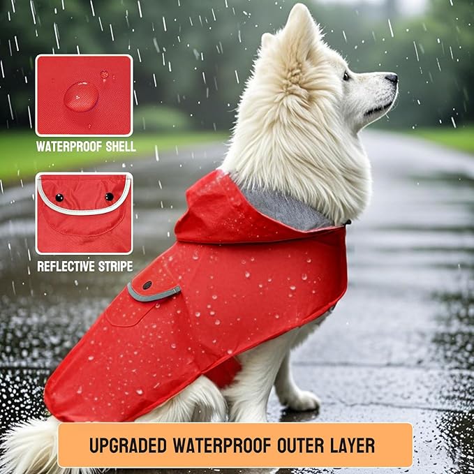 Small Dog Raincoat Dogs Rain Jacket Reflective Poncho Rainwear Waterproof Pet Clothes Warm Lined Pocket Hooded Leash Hole Adjustable for Puppy,Red,S,Back Length 8.3 Inch