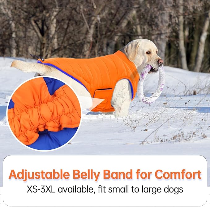 Lelepet Reversible Dog Coat Waterproof Dog Jacket Windproof Puffer Vest for Winter Warm Lightweight Coats for Medium Dogs Adjustbale Hook & Loop Pet Apparel with Leash Hole, French Bulldog, Orange, L