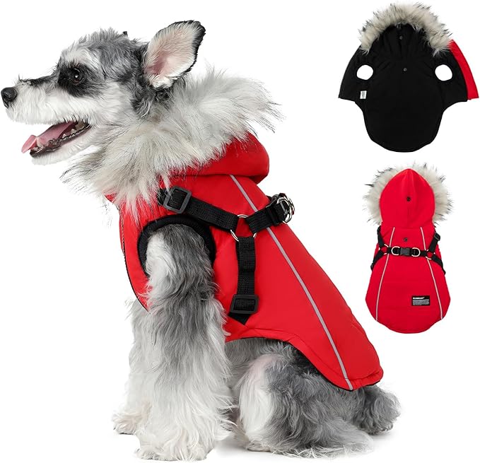 PINA Dog Winter Coat Winter Jacket with Waterproof Fabric, Faux Fur Hood, Reflective Strap for Small Medium Large Dogs, Red, 3XL