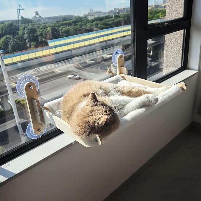 Cat Window Perch Hammock Bed - Foldable Hardwood Frame, No-Drill with Strong Suction Cups, Plush Faux Rabbit Fur for Large Cats up to 50lbs