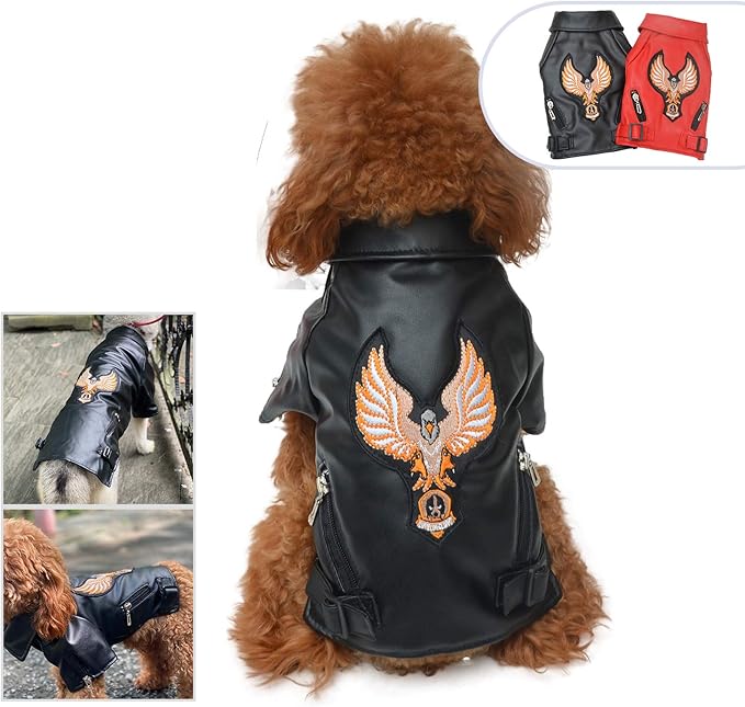 Lovelonglong Cool Dog Leather Jacket, Warm Coats Dogs Windproof Cold Weather Coats for Large Medium Small Dogs with Eagle Embroidery Black L-S