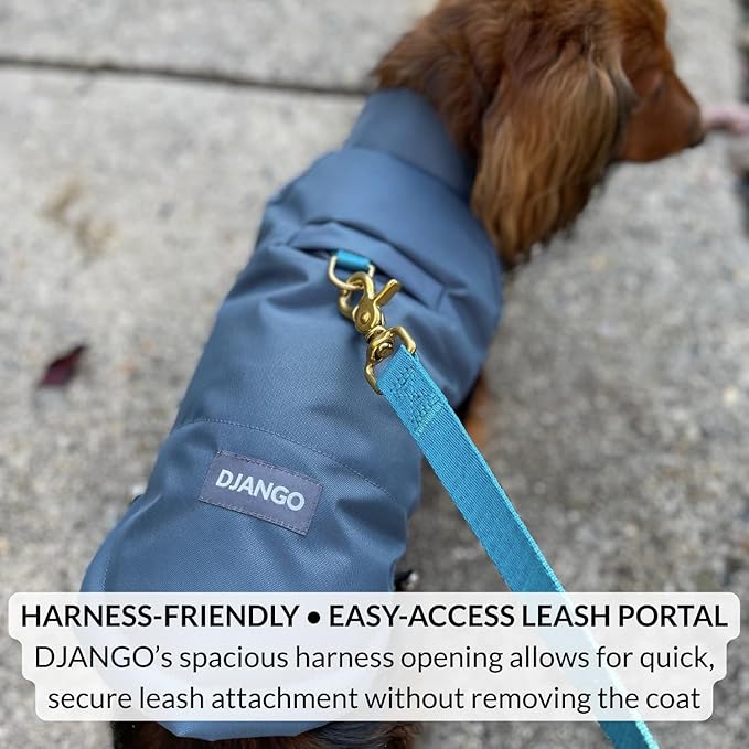 DJANGO Reversible Puffer Dog Coat – Warm Winter Dog Jacket & Water-Repellent Insulated Dog Coat w/Harness Hole, Windproof, Adjustable Fit for Small & Medium Dogs, Dachshunds – Twilight Blue, Small