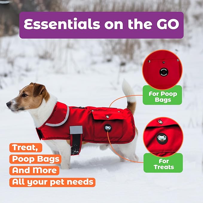 Joyride Harness FrostFlex Dog Winter Jacket - Fleece Lined & Water-Resistant - Snowsuit with Pockets for Treats & Poop Bags - Durable Cold Weather Dog Coat - Red Rush-S
