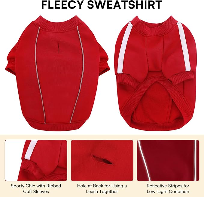 Queenmore Medium Christmas Dog Sweater, Cozy Fleece Dog Sweatshirt, Warm Winter Fleece Jacket for Small, Medium & Large Dogs with Leash Hole/Reflective Stripes Red