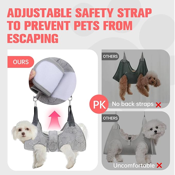 PAWCHIE Dog Grooming Hammock Harness for Dogs & Cats with Pet Nail Clipper Trimmer,Cat Hanger Sling for Trimming Clipping Nails,Warm Plush Dog Hammock Restraint Bag for Small Medium Large Dogs,Grey XS