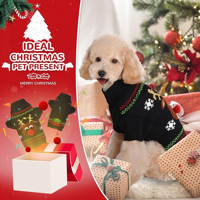 PETCARE Dog Christmas Sweater Black Ugly Funny Cute Cartoon Reindeer Cat Sweaters Jumper Holiday Dog Clothes Puppy Sweaters for Small Medium Large Dogs Fall Winter Outfits Xmas Dogs Costume,Small