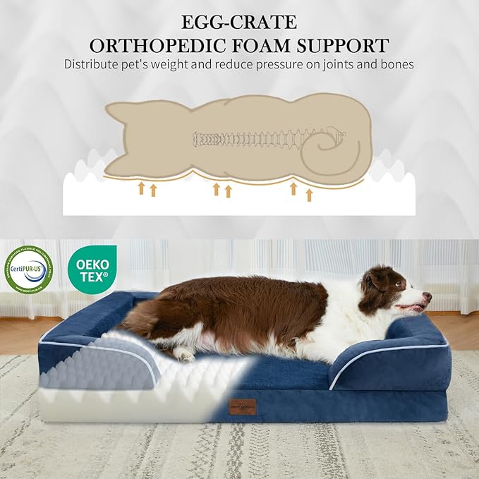 Comfort Expression Orthopedic Dog Bed for Extra Large Dogs 53x42 Inch, Waterproof Egg Crate Foam XXL Pet Bed with Removable Bolsters, Dog Couch with Washable Cover & Non-Slip Bottom, Navy Blue
