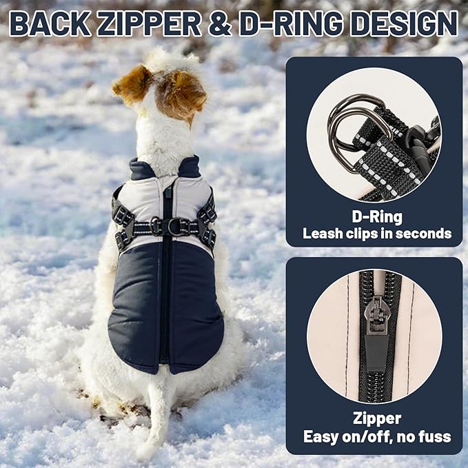 Dog Winter Coat for Small & Medium Dogs (Up to 31lb), Waterproof Dog Coat with Harness, Puppies Windproof Puppy Puffer Jacket, Snowsuit for Dachshund,Frenchie, Corgi (Classic Blue, Large)