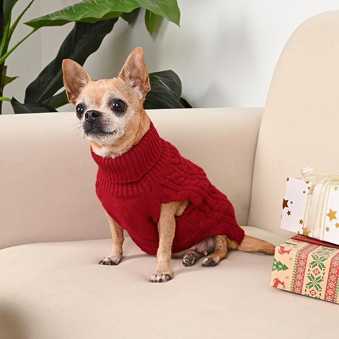 2 Pack Dog Sweaters for Small Dogs Turtleneck Pullover Cable Knit Puppy Stretch Clothes Chihuahua Yorkie Pomeranian Toy Poodle Boy Girl Pets Winter Doggie Clothes (XS, Red & Brown)