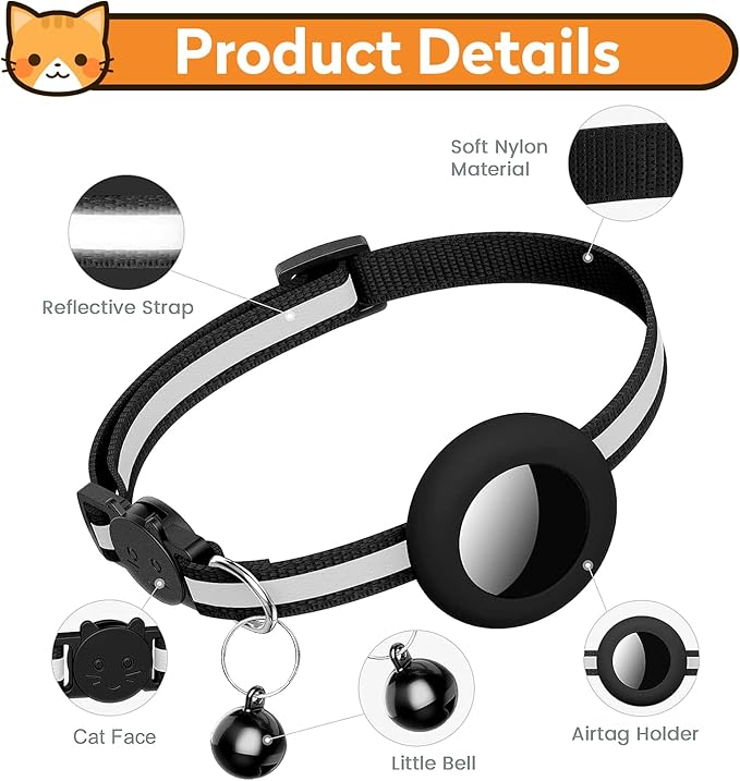 Airtag Cat Collar with Bell, Reflective Nylon Kitten Collar with Apple Air Tag Holder and Breakaway Safety Buckle for Puppy Girl Boy Cats, 3/8" in Width and Lightweight, Fluorescent