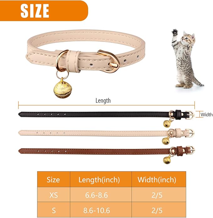 3 Pack Leather Cat Collars with Bells Soft Pet Safety Collar Kitten Collars with Bell Black Chocolate Beige(S)