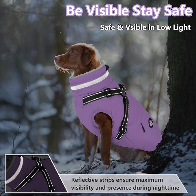 Dogcheer Dog Coat with Harness, Waterproof Dog Jacket, Reflective Puppy Winter Jacket with Pocket, Doggy Turtleneck Fleece Vest for Small Medium Large Dogs - Taro Purple, XL