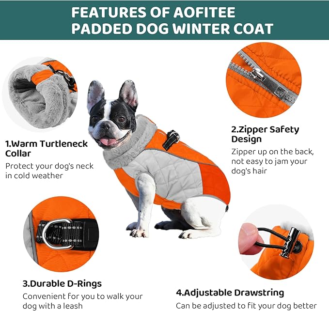 AOFITEE Dog Coat, Dog Winter Coat, Reflective Small Dogs Jacket with Harness Built in and Fleece Lined, Waterproof Pet Winter Jacket Warm Snowsuit for Small Medium Large Dogs, Orange XS