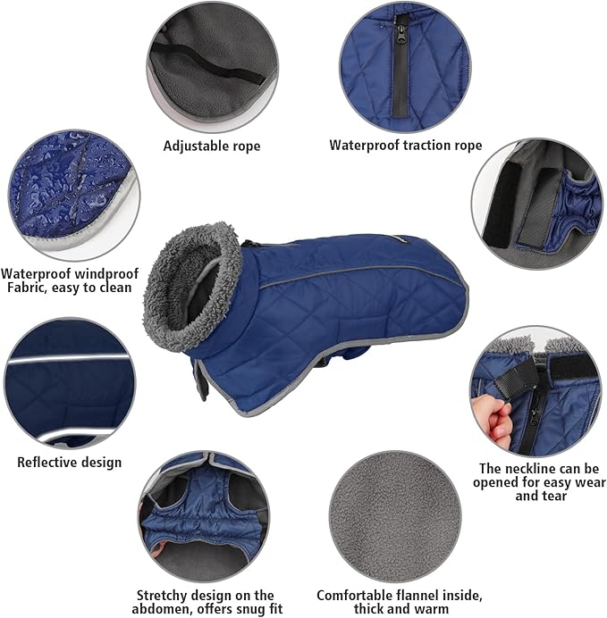 Fragralley Dog Coat Large, Waterproof Dog Jacket with Warm Fleece Lining, Adjustable Reflective Dogs Winter Coat, Turtleneck Pet Coats for Cold Weather (Blue XXL)