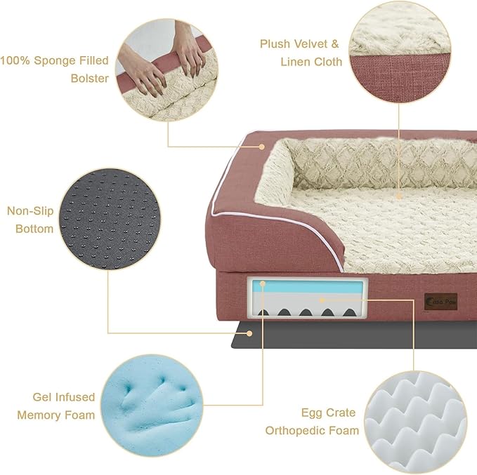 Orthopedic XL Dog Beds, Waterproof Memory Foam Big Pet Bed for Extra Large Sized Dogs 45x35Inch, Non-Slip Bottom and Egg-Crate Foam Dog Couch Bed with Washable Removable Cover, Pink