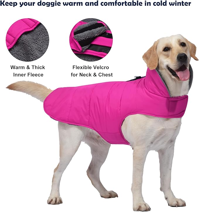 Dog Winter Coat, Waterproof Dog Jacket with Leash Hole, Reflective Adjustable Pet Snow Vest, Warm Fleece Sweater for Small Medium Large Dogs - Pink, L
