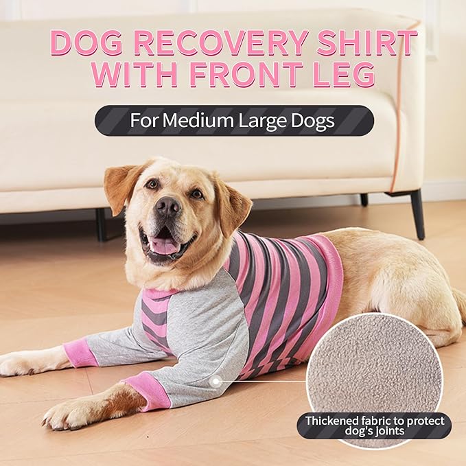 FUAMEY Dog Recovery Sleeve with Elbow Protector,Dogs Shirt Stop Licking Joints,Pet Long Sleeve Suit Protecting Dog's Front Leg Arm Wounds Cover Skin Conditions Pink Stripes 2XL