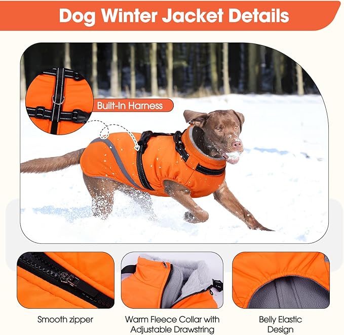 BRKURLEG Dog Winter Jackets for Large Dogs, Dog Coat with Harness Built in, Dogs Snowsuits with Zipper, Waterproof Windproof Pet Puffer Jacket Fleece Vest for Beagle, Pitbull, Orange XL