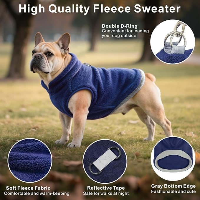 Idepet 2 Pack Dog Fleece Vest Sweater Warm Pullover Jacket with D-Ring Leash Reflective Winter Coat Hoodie for Puppy Cat French Bulldog Pug Chihuahuas Yorkies Dachshunds(Black&Blue,Large)