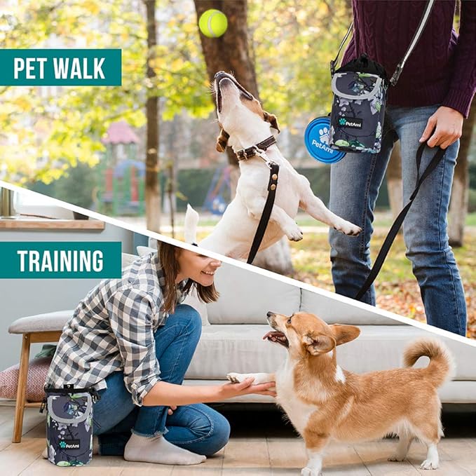 PetAmi Dog Treat Pouch, Large Pet Training Treat Pouch with Pocket, Dog Trainer Essentials Supply Holder with Poop Bag Dispenser, Training Bag for Kibbles Toys, 3 Ways to Wear (Floral Grey)