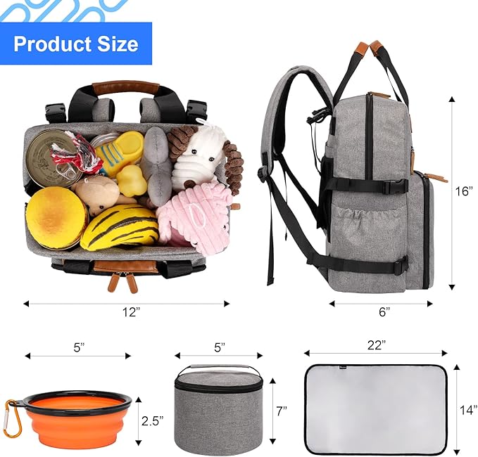 Modoker Dog Travel Bag - Airline Approved Backpack for Pet Accessories Organizer, Tote Weekend Bag with 2 Dog Food Containers, 2 Collapsible Bowls, 1 Pet Mat, Grey