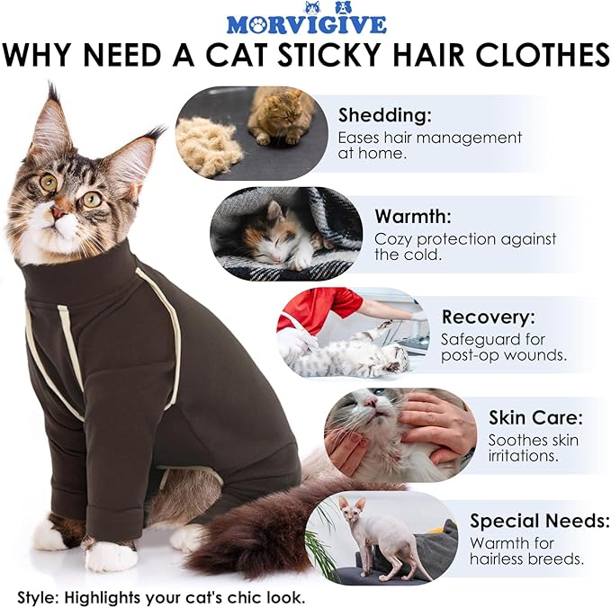 Cat Pajamas - Coffee, L - Prevents Hair Loss, Sticky Hair Clothes, Sphynx Clothes, Anti-Licking or Skin Disease Recovery Suit for Female Cats, Pet Apparel Onesie