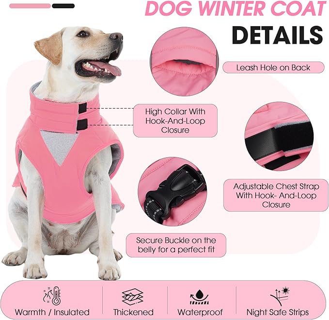 XL Dog Coat, Warm Dog Winter Jacket, Waterproof Dogs Snowsuit with Foldable High Collar, Reflective Strips, Leash Hole, and Adjustable Hook & Loop Closure - Ideal for Cold Weather - Pink XL