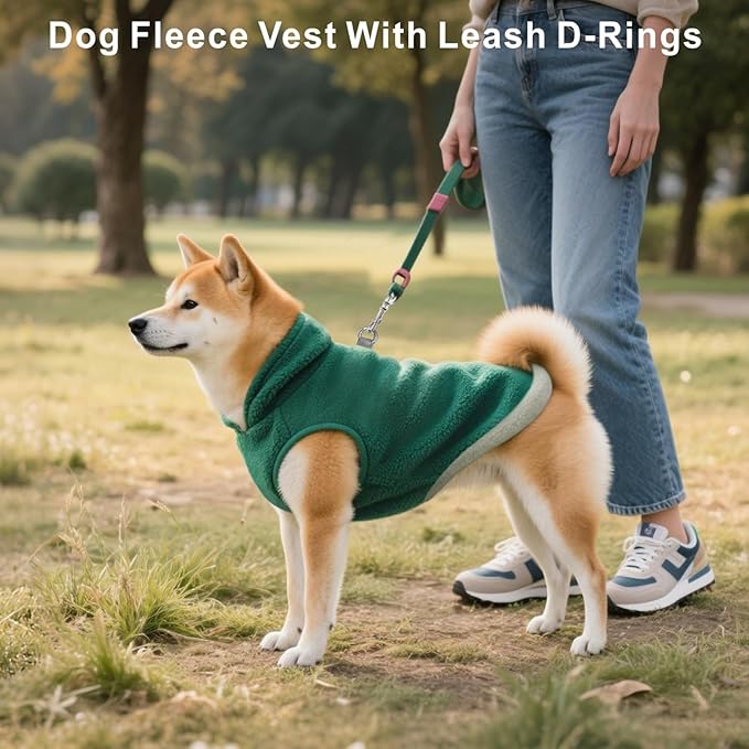 Idepet 2 Pack Dog Fleece Vest Sweater Warm Pullover Jacket with D-Ring Leash Reflective Winter Coat Hoodie for Bulldog Pug Chihuahuas Yorkies Dachshunds(Dark Green&Grass Green,X-Large-French Bulldog)