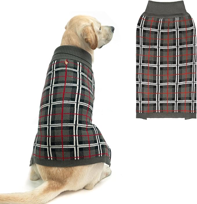 PUPTECK Dog Sweaters for Large Medium Small Dogs - Fall Classic Plaid Style Puppy Holiday Winter Coat Clothes Warm, Grey, XS