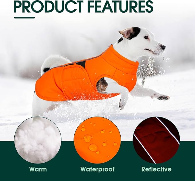 Kuoser Dog Jacket, Warm Dog Coats for Small Dogs, Reflective Doggie Winter Jacket Cold Weather Pet Coats with Leash Hole, Winter Coat Apparel for Yorkie Chihuahua, Orange XS