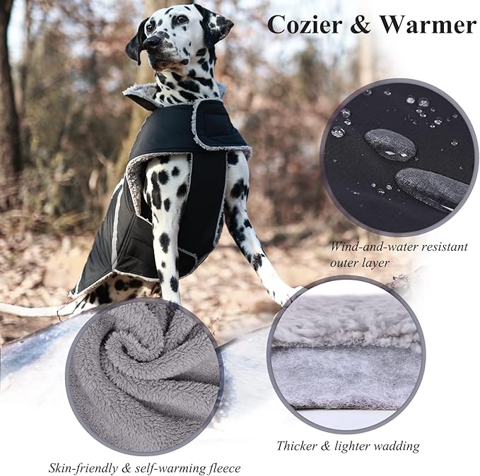 VIVAGLORY Frostfit Dog Coat, Dog Jacket for Winter & Cold Weather, Warm Fluffy Fleece Lined Water Resistant Reflective for Puppy, Coat with Velcro Fastening & Leash Hole, XXS, Black