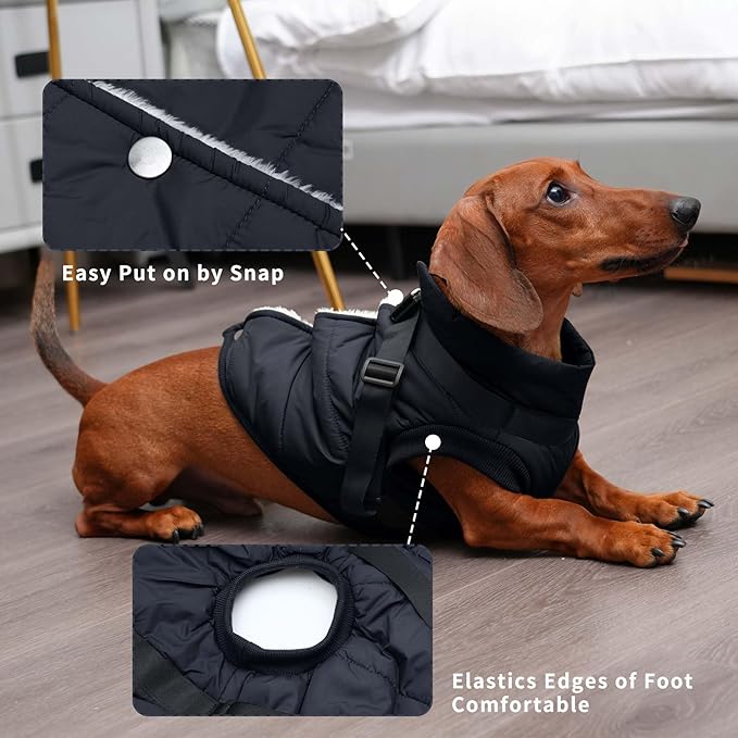 Dog Jacket with Harness,Fleece Lined Warm Puppy Coat for Winter,Soft Windproof Large Dog Vest,Black XXL